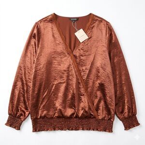 BloomChic Surplice Wrap Style Blouse Metallic Copper Ruffles Lace Trim Size 22